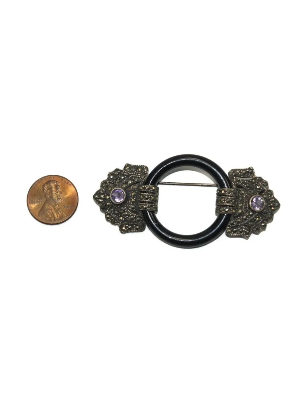 Art Deco Vintage Sterling Silver, Marcasite, Amethyst and Onyx Ring Brooch.